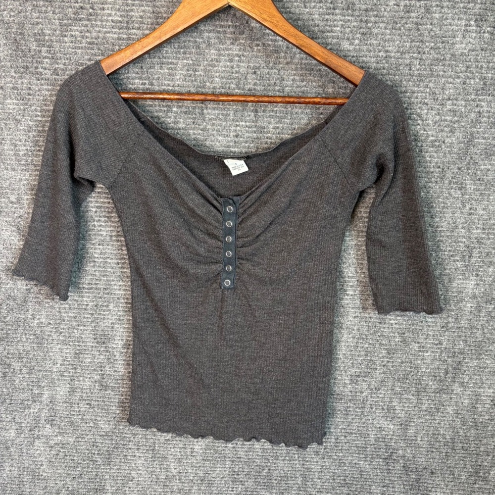Vintage Guess Jeans Womens Gray Ribbed Thermal Top 3/4 Sleeve Lettuce Edge Small